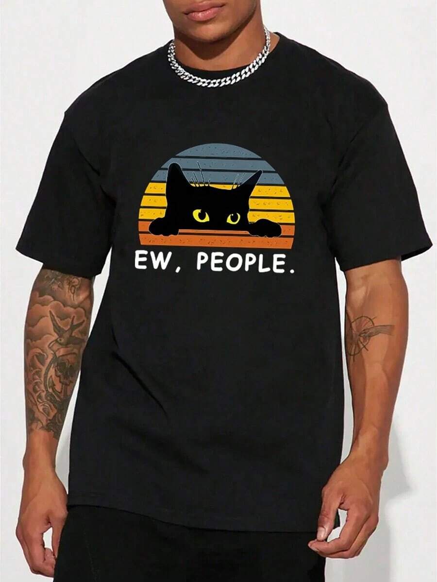 1pscManfinity Dauomo Hombres Camiseta con estampado de gato y slogan100%cotton100% Cotton100% Cotton100% Cotton - Negro - Ver 1