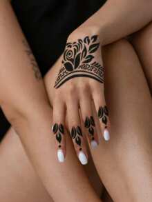Hana Hand-Drawn Hollow Floral Tattoo Stencil - Sexy Floral Pattern, Suitable For Hands, DIY Painting, Ink, Reusable Mandala Design Template Stickers, Suitable For Women Body Party Makeup - Black - View 4