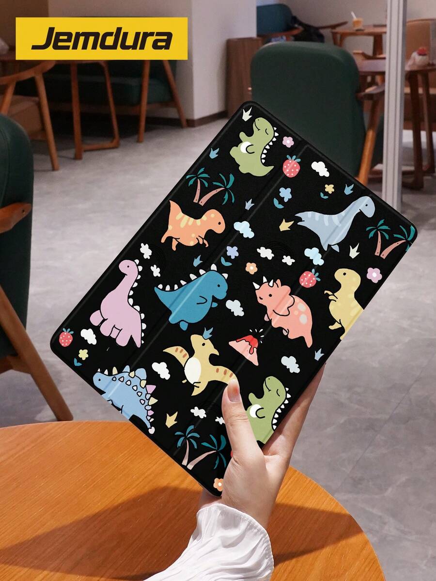 1pc Cute Dinosaur Pattern Tablet Protective Case, Black Background, Shockproof, With Pen Slot, Sleep/Wake Support, Compatible With Samsung, And IPad