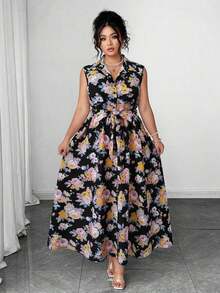 Vestido casual de verano con estampado floral para mujer de talla grande - Negro 2 - Ver 5