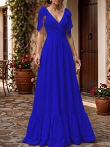 Women's V-Neck Backless Long Dress - Blue - View 2