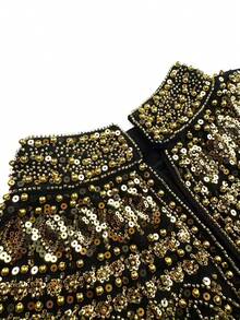 SUPGIR Plus Size Women Round Neck Long Sleeve Sequin Patchwork Satin Elegant Evening Dress Spring - Gold - View 8