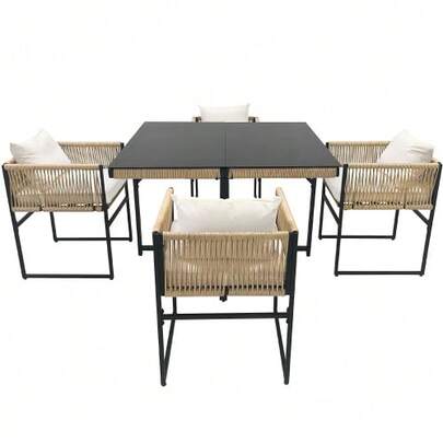 Garten-Essgruppe 5 Tlg Sitzgruppe Mit 1 Esstisch, 4 Stapelbaren Stühlen, (Gartengarnitur, 5-Tlg, Sitzgarnitur), Feines Seil, Eisen, Tischplatte Aus 5mm Starkem Sicherheitsglas(Previous Sku:HW24026AAA)