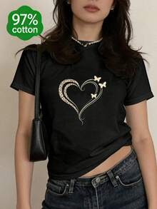 T-shirt décontracté à manches courtes pour femmes, T-shirt à imprimé léopard noir, cœur et papillon, 97% coton à manches courtes, Top de loisirs mignon - Noir - Voir 10