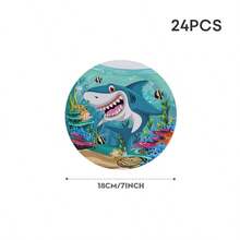 Shark Themed Disposable Tableware Set, Including 9 Inch & 7 Inch Paper Plates, 9oz Paper Cups, Napkins, Blue Ocean Underwater Shark Print Dinnerware Kit For Pool Party, Summer Gathering, Celebration, Beach Party, Ocean Themed Events - Multicolor - View 11