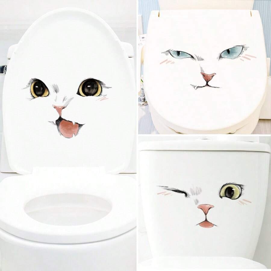 1pc Cartoon Cat Expression Toilet Sticker, Bathroom Toilet Lid Decorative Wall Decal - Cat Yazai 01 - View 1