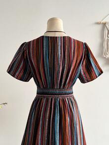 Rusttydustty Đầm ngắn tay kẻ sọc phong cách retro boho, thắt eo dành cho nữ, đầm tháng Sáu, đầm dự tiệc, đầm tốt nghiệp, đầm thanh lịch dành cho nữ, trang phục công sở dành cho nữ, đầm kẻ caro dành cho nữ, đầm màu nâu. - màu nâu - Xem 7