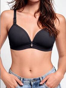 1 pieza Sujetador cómodo y transpirable sin aros de copa suave y de unicolor para mujer - Negro - Ver 2