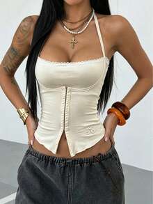 Kliou Halter Chic Camisole Women's With Lace-Up Patchwork Single-Breasted Asymmetrical Hem Summer Fashion Streetwear Beach Tank Tops Casual - Apricot - View 3