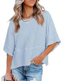 Women's Casual Polyester T-Shirt With Asymmetrical Neck, Half Sleeve, Drop Shoulder, And Exposed Seam Details, Regular Length, Slight Stretch Fabric - 藍色 - 查看 1