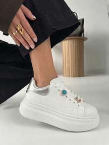 Women Solid Color Splice Casual Sneakers For Daily Wear - Silver - View 1