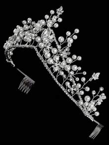 1PC Handmade Royal Style Cluster Faux Pearl Tiara, Elegant Silver Leaf & Rhinestone Wedding Crown, 3.54 Inch High Puffy Headband With Hair Combs For Brides & Prom,Handmade Floral Bridal Tiara With Faux Pearls & Rhinestones, Elegant White Flower Wedding Hair Comb, Romantic Hair Accessories For Brides And Bridesmaids,Festival,Birthday - Silver - View 10