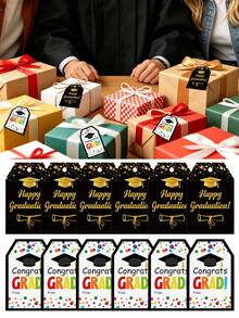 30 piezas Tarjetas de agradecimiento para fiesta de graduación, con texto "Feliz Graduación" y patrones con tema de graduación en negro y dorado, tarjetas de agradecimiento con dibujos animados de colores, etiquetas de empaque de regalo de graduación, decoraciones para fiesta, adecuadas para fiestas de graduación, invitados, recuerdos, cumpleaños, regalos para invitados - multicolor - Ver 1