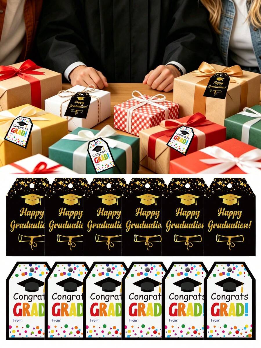 30 piezas Tarjetas de agradecimiento para fiesta de graduación, con texto "Feliz Graduación" y patrones con tema de graduación en negro y dorado, tarjetas de agradecimiento con dibujos animados de colores, etiquetas de empaque de regalo de graduación, decoraciones para fiesta, adecuadas para fiestas de graduación, invitados, recuerdos, cumpleaños, regalos para invitados - multicolor - Ver 1