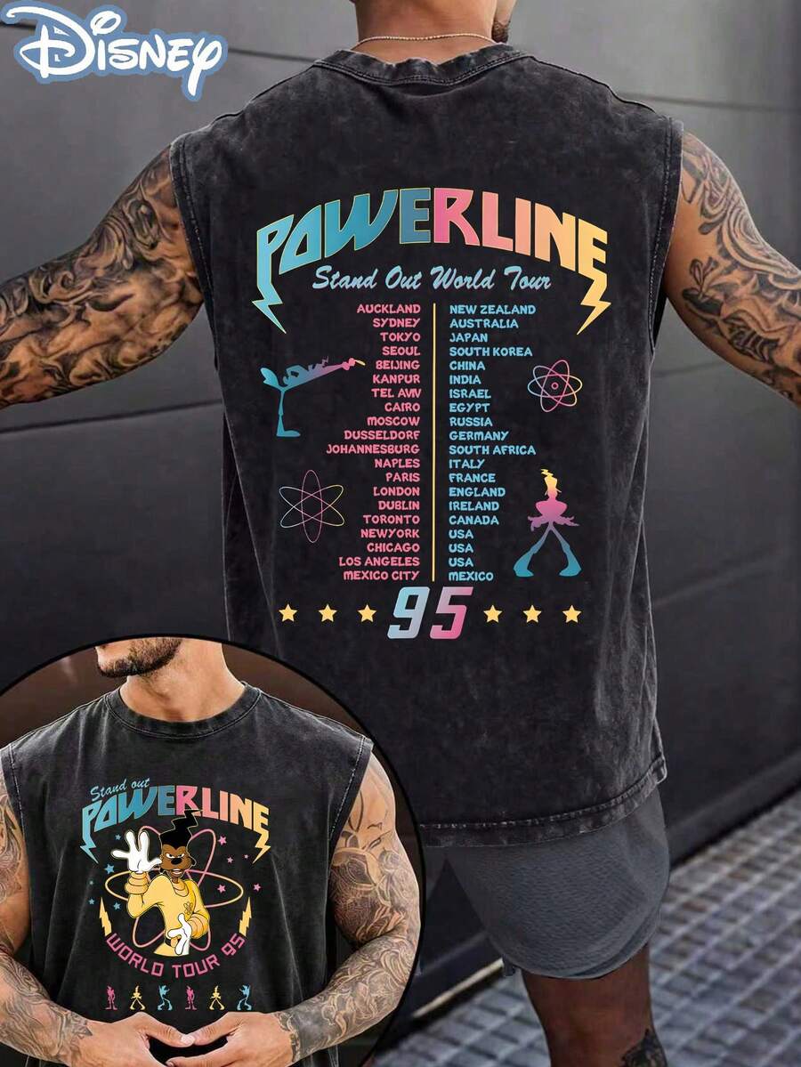 Disney A Goofy Movie Powerline Tour 95 Officially Licensed Men's Sleeveless Graphic Tee, 100% Cotton 230g Washed Vintage Casual Shirt - 黑色 - 查看 1