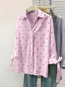Women's 3/4 Sleeve Polka Dot Button-Up Shirt, Collared Tie Cuff Design, Versatile Casual Business Commute Home Wear, Spring/Summer/Autumn Vacation Pink - Pink - View 4