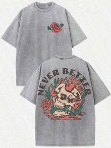 (230g T-Shirt)Vintage Washed Cotton Oversized T-Shirt, "Never Better" Skull With Rose & Flame Graphic, Loose Casual Crew Neck Short Sleeve Tee,Camisas Para Hombre,Mens Clothes,Summer Fits,Summer Tops,Graphic Tee,St Pattys Day Fit,Easter Fits,Spring Clothessummer Fits For Women100 Percent Cotton ClothingY2Y-Summer Clothes; Unisex YLRW - Xám - Xem 12