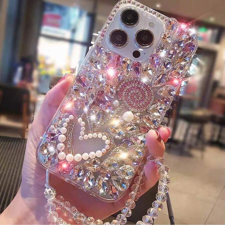 Funda de teléfono con cadena, con corazón de perla 3D y cristales de lujo, compatible con iPhone 17 Pro Max/17 Pro/17, 16 Pro Max/16 Pro/16, 15 Pro Max/15 Pro/15, Nuevo 14 Pro Max/13, elegante y protectora - Multicolor - Ver 1