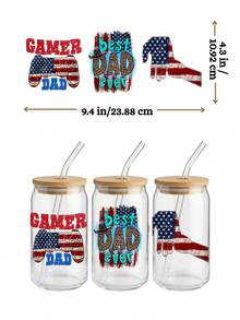 4 件装游戏老爸西部风情 UV DTF 贴膜（9.4x4.3 英寸），最佳老爸豹纹美国国旗图案，狗狗老爸/女儿爸爸/超级爸爸贴纸（适用于 16 盎司 Libbey 玻璃杯） - DAD 04 - 查看 6