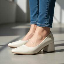 Women's Pumps, Thick Heel, Elongated Toe, Medium Heel, 6cm Height, Black, Red, Nude Napa, Caramel, Offwhite Patent Leather - 白色 - 查看 7