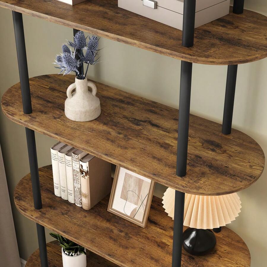 Estantería elegante de 5 niveles con arco – Librero industrial para oficina con estructura de metal resistente, estantería tipo escalera abierta y autoportante, con sistema anti-vuelco, para sala de estar, dormitorio, oficina en casa, cocina – Marrón rústico y negro. - Semicircular arqueado - Ver 1