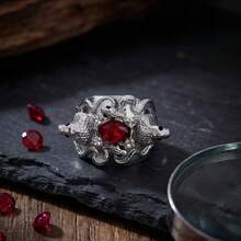 1 pieza Anillo de declaración de doble cabeza de serpiente de rubí rojo de circonita cúbica de estilo gótico punk de aleación para hombres y mujeres, joyería para fiesta de Halloween, mascarada y motociclistas - Rojo - Ver 12