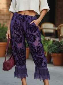 Giufajk Womens Sheer Burgundy Pants Floral Velvet Pattern Lace Trim Hems Low Rise Bell Bottom Pants For Women Comfortable Stylish Summer Flared Pants For Women Casual Loose Fit - 紫色 - 查看 2