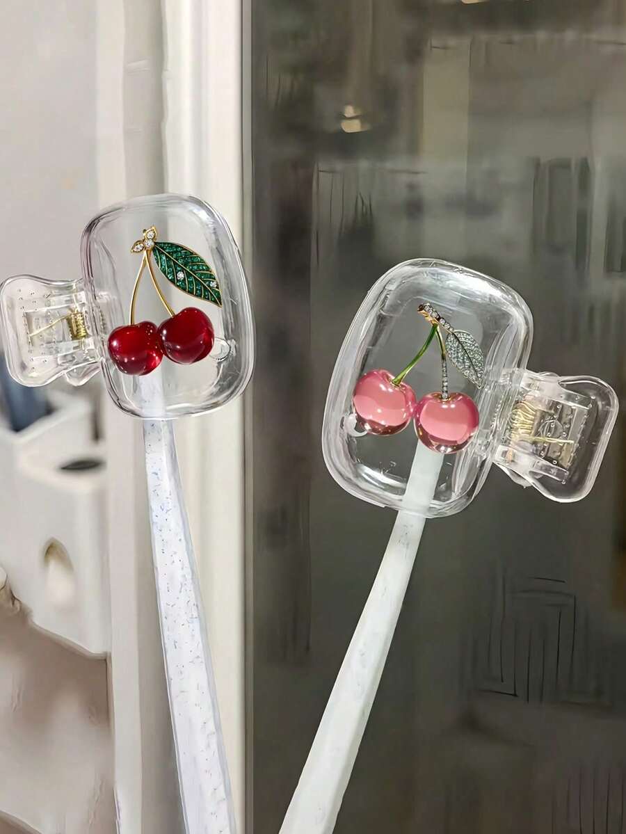2个粉色水晶樱桃和绿色水晶樱桃牙刷架，可爱设计，适合旅行和居家使用，透明盖，小巧便携，保护牙刷头，双排水通风孔，适合家庭、宿舍和户外使用 | 可爱的牙刷架，浴室收纳好帮手，适合家庭和宿舍使用