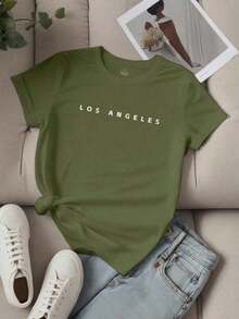 Envío gratis, entrega local enéxico, entrega en 4 días.Camiseta de manga corta para mujer Unity con estampado de letras con el eslogan LOS ANGELES, blusas gráficas para mujer. - Verde militar - Ver 5