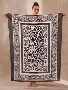 1pc Leopard Print Elastic Mesh Sarong, Fashionable Women Beach Cover Up Skirt, Holiday Beach With Tie Design Vacation Summer Black - Black - View 4