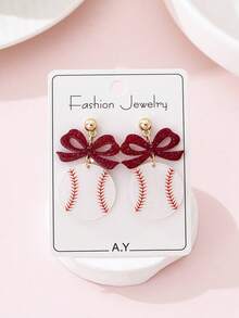 1 Pair Sporty Glittery Bow & Baseball Design Fashion Jewelry Earrings, Gift For Sports Party - Multicolor - View 1