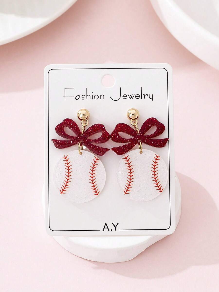 1 Pair Sporty Glittery Bow & Baseball Design Fashion Jewelry Earrings, Gift For Sports Party - Multicolor - View 1