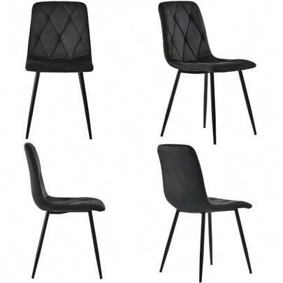 Dining Chair (4 Pcs), Black, Set Of 4 Upholstered Designer Chairs, Twill Velvet Dining Chair, Kitchen Chair With Backrest, Velvet Seat, Metal Frame, Metal Legs