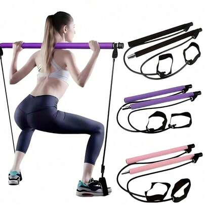 1 Set Portable Resistance Bar With Resistance Bands, Pilates Bar, Fashionable Design, Stainless Steel Fitness Equipment For Women, Suitable For Home Gym, Yoga, Squats And Full Body Shaping