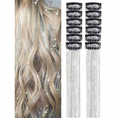 12Pcs Hair Tinsel Clip In 20Inch Fashion Glitter Tinsel Synthetic Straight Hair Extensions Clip In Hair Tinsel Kit Heat Resistant Shiny Sparkle Fairy Hair Accessories For Women (Silver)