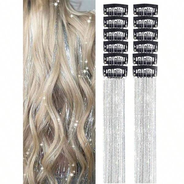 12Pcs Hair Tinsel Clip In 20Inch Fashion Glitter Tinsel Synthetic Straight Hair Extensions Clip In Hair Tinsel Kit Heat Resistant Shiny Sparkle Fairy Hair Accessories For Women (Silver)