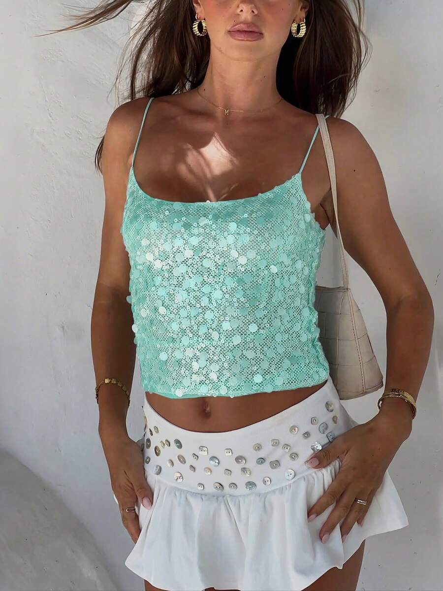 DOUCIU 热辣女孩蓝色亮片背心性感海滩度假风夏季