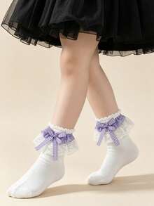 1 Pair Cotton Children's Lace Plaid Bow Ruffle Dance Princess Fashion Versatile Party Socks - Purple - View 4