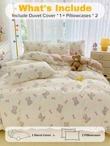 3pcs/Set,Cartoon Bear Duvet Cover Set,Cloud-Like Touch,Washed Process,Breathable, (1 Duvet Cover + 2 Pillowcases) Does Not Include Duvet Insert And Pillow Insert,Pillowcase Pattern Randomly Cut - Light Brown - View 5