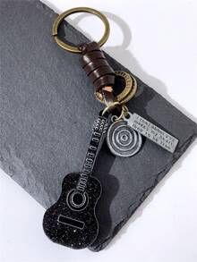 1pc Guitar Shaped Faux Leather Keychain, Fashionable Retro Unisex Braided Leather Keyring, Backpack Charm, Commemorative Gift - Black - View 4