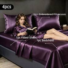 4pcs/Set 80gsm Luxury Colorful Embroidered Bedding Set, 1 Fitted Sheet (30cm Deep Pocket), 1 Flat Sheet, 2 Embroidered Pillowcases. Premium Solid Color Cooling Pillowcases Recommended For Spring/Summer, Replaceable, Breathable And Washable, Multiple Colors Available, Minimalist Solid Color Design, Made Of Icy Silk Fiber Fabric For Cooling Effect, Suitable For Single Or Double Bed - Purple - View 14