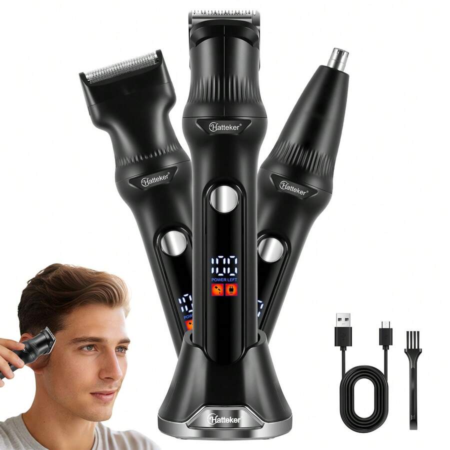 Hatteker 1pc 3-In-1 Hair Clipper, Shaver, Magnetic Blade Head USB Rechargeable Digital Display Electric Shaver For Men - View 1