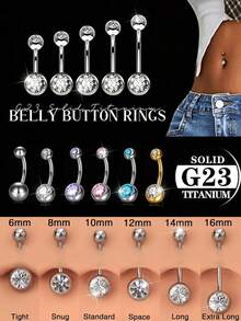 Khuyên rốn bằng titan có đầu thuôn, ren trong, dài 6mm 8mm 10mm 12mm 14mm 16mm, khuyên rốn tròn đính đá CZ dành cho nữ và nam. - A - Xem 1