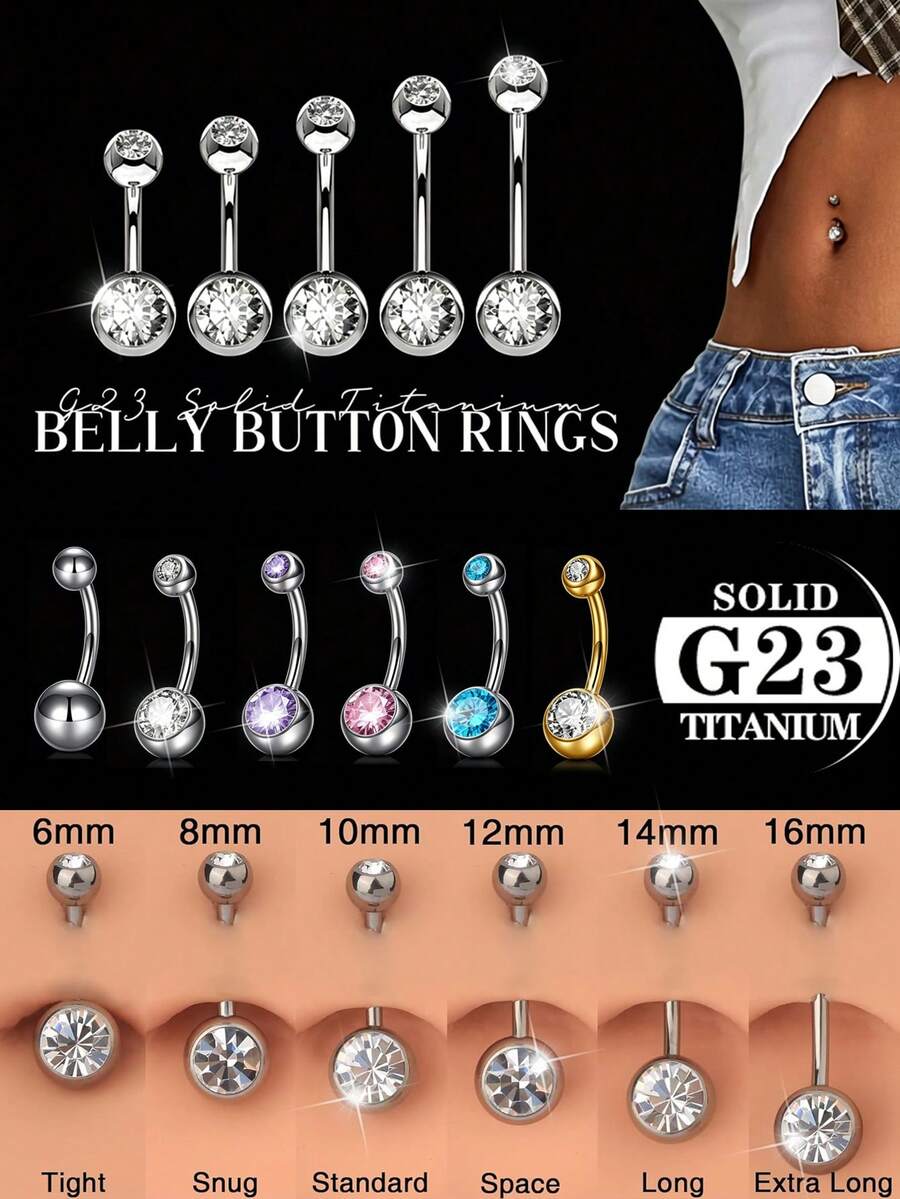 Khuyên rốn bằng titan có đầu thuôn, ren trong, dài 6mm 8mm 10mm 12mm 14mm 16mm, khuyên rốn tròn đính đá CZ dành cho nữ và nam. - A - Xem 1