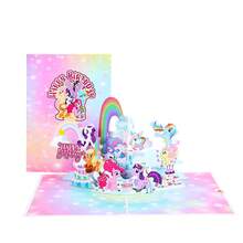Miniso 1pc Cute My Little Pony 3D Pop-Up Greeting Card, Foldable Anime Card For Birthday Party Gift With Rainbow & Cake For Party - B - View 6