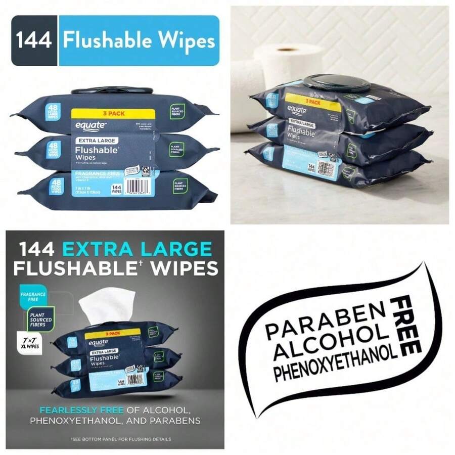 Extra Large Flushable Wet Wipes Fragrance Free 144 Count 3 Pack - 1 - View 1