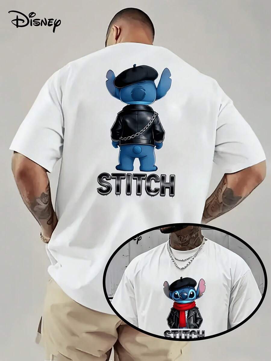 (Disney Licensed)Disney Lilo & Stitch Stitch Cool Biker Leather Jacket Beret Front And Back Print Men's Oversized Crew Neck Short Sleeve Graphic T-Shirt, Edgy Streetwear Stitch Casual Tee For Men Summer Daily Wear, Disney Officially Authorized Men's Short-Sleeved T-Shirts, Mens Clothes, Men, Ropa De Hombre, Summer Clothes, Men Shirts, Graphic Tees, Disney Outfits Men, Graphic Tees, Camisetas Para Hombre, Camisas Para Hombre, Summer Outfits For Men, Father's Day Gift, Perfect Gift For Family And Friends, Which Are Necessary For Birthday Parties, Disney Shirts, Mens Clothes, Summer Clothes, Officially Licensed Disney T-Shirts, Disney Men's And Women's Spring/Summer Fashion Casual Short-Sleeve T-Shirts - 白色 - 查看 1