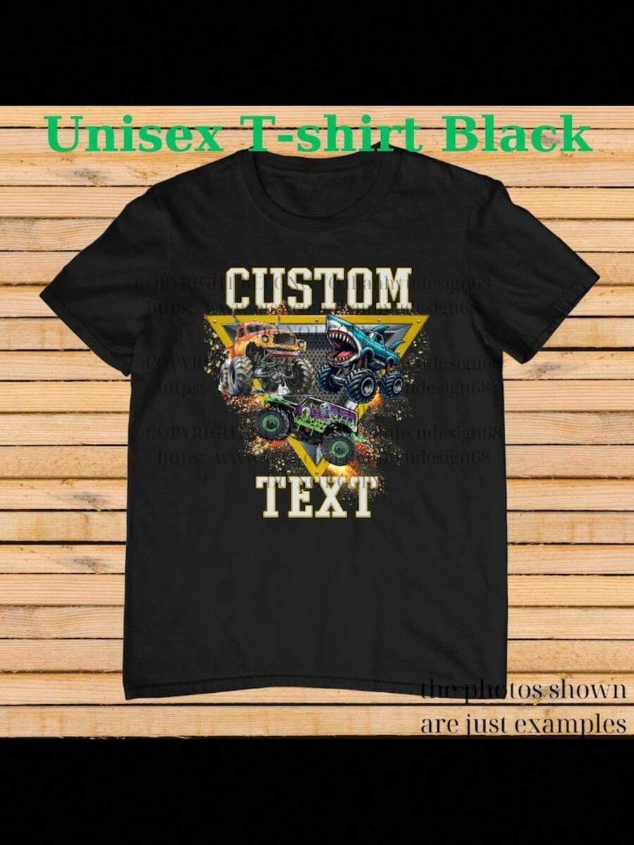 Many Monster Truck Shirt – Text Tee, Personalized Monster Jam Birthday Gift For Kids & Adults, Customizable Truck Design #6 - 黑色 - 查看 1