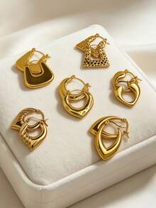 12/9/6 Pairs 18K Gold Plated Double-Sided Round Earrings Set, 304 Stainless Steel Earrings, Nickel-Free, Lightweight And Hypoallergenic, Thick Gold Plated Earrings Set, Includes Square, Heart And Curved Geometric Earrings, Unique Textured Design, Suitable For Daily Wear And Teams - Gold Suit - View 4