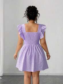 Vestido de verano de talla grande para mujer, con cintura ceñida, volantes en las mangas y estampado jacquard de unicolor, elegante estilo vacacional - Morado - Ver 2